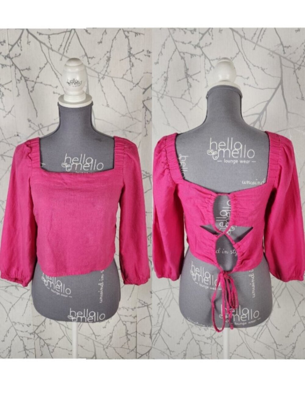 Only Hot Pink Linen Blend Lace Up Open Back Square Neck Top